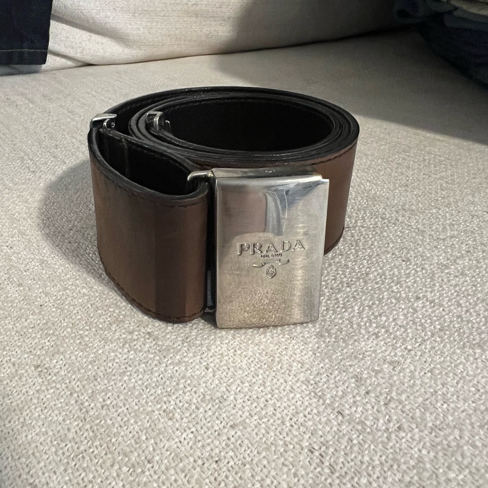 Prada Dark Brown Adjustable Leather Belt with Silver Buckle Logo Clasp - Picture 2 of 7